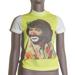 Vintage Clown Graphic Print Short Sleeve Top Size XS Summer Mock Neck Blouse